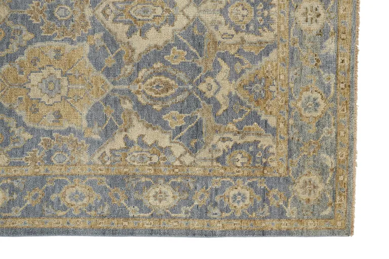 Blue Gold And Tan Wool Floral Hand Knotted Stain Resistant Area Rug With Fringe Photo 3