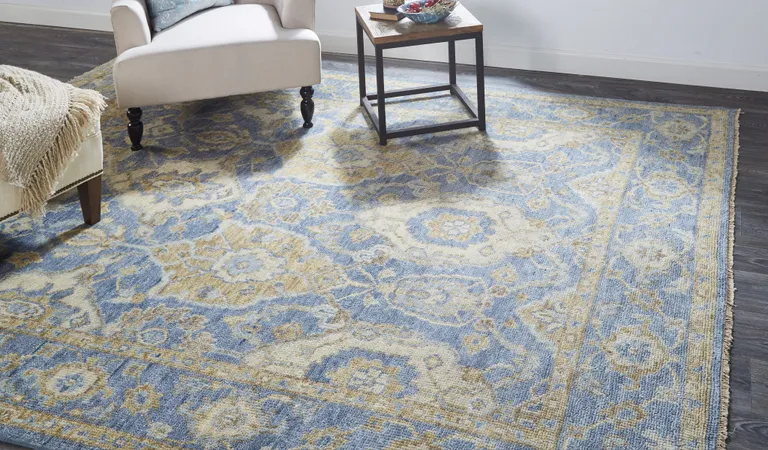 Blue Gold And Tan Wool Floral Hand Knotted Stain Resistant Area Rug With Fringe Photo 3