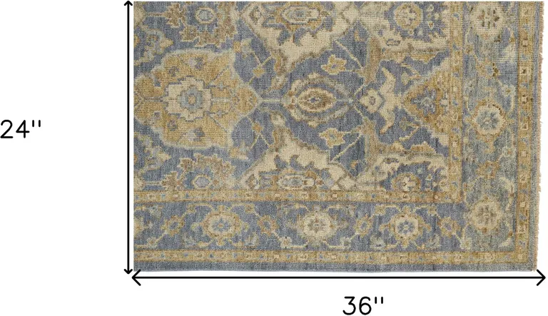 Blue Gold And Tan Wool Floral Hand Knotted Stain Resistant Area Rug With Fringe Photo 4