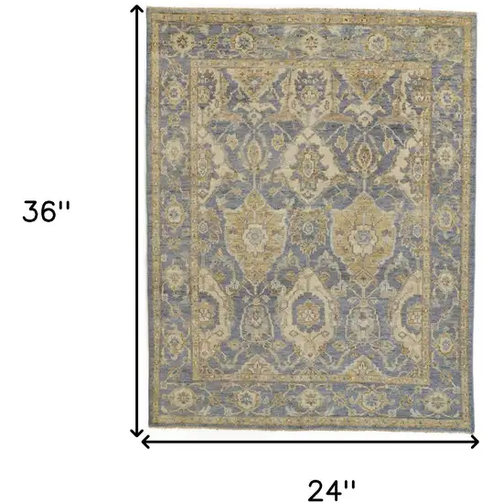 Blue and Gold Wool Floral Hand Knotted Area Rug With Fringe Photo 3