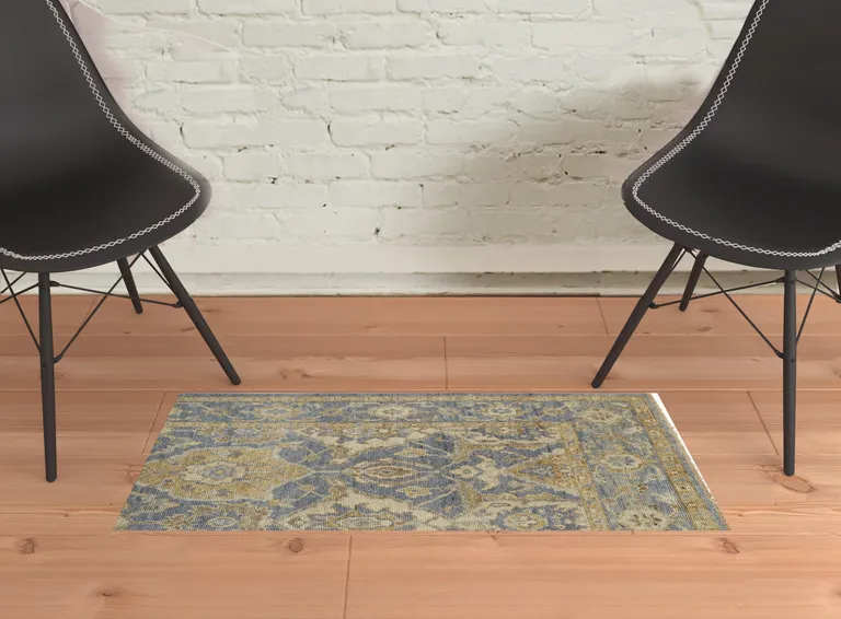 Blue Gold And Tan Wool Floral Hand Knotted Stain Resistant Area Rug With Fringe Photo 2