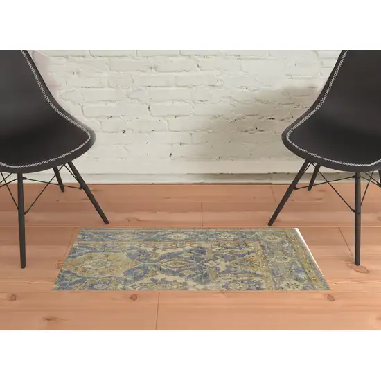 Blue Gold And Tan Wool Floral Hand Knotted Stain Resistant Area Rug With Fringe Photo 2