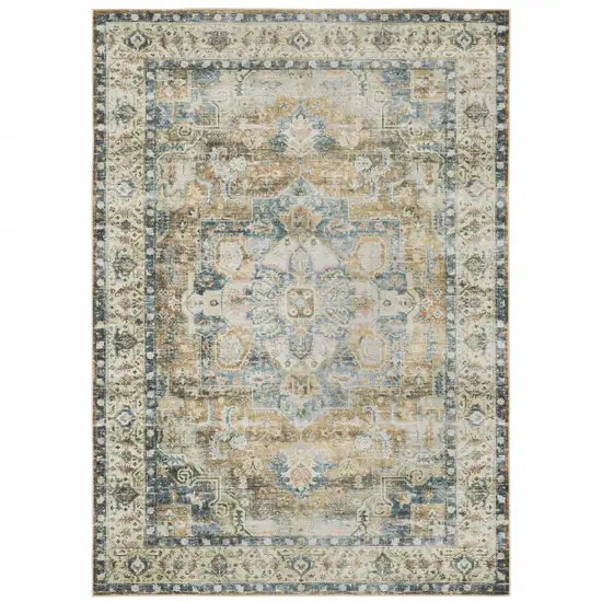 Blue Gold Brown Green And Salmon Oriental Printed Stain Resistant Non Skid Area Rug Photo 2