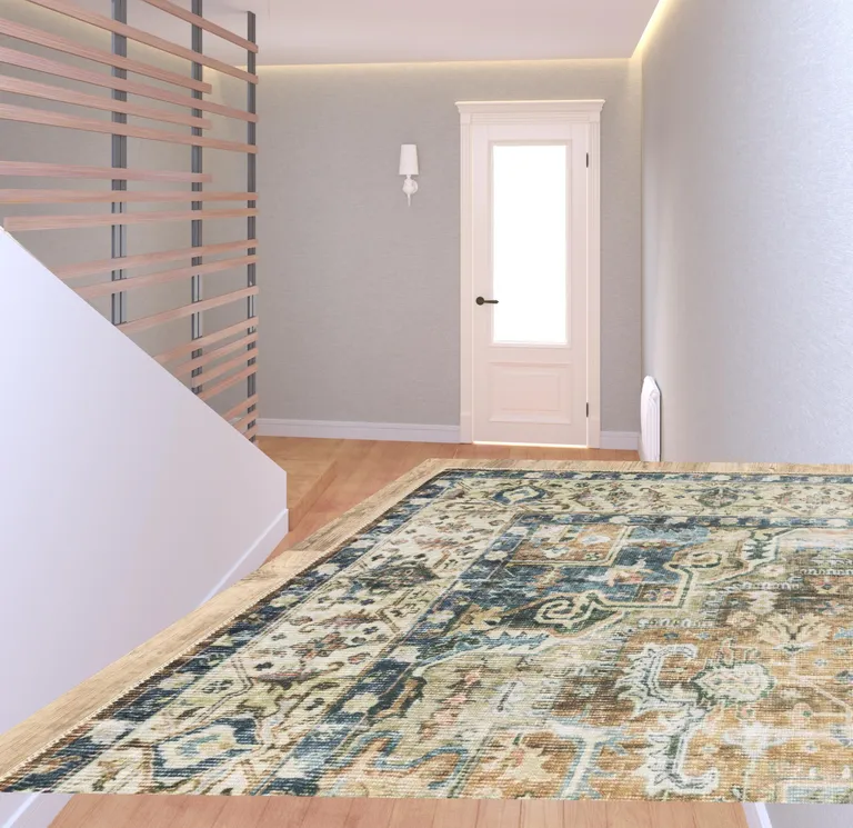 Blue Gold Brown Green And Salmon Oriental Printed Stain Resistant Non Skid Runner Rug Photo 2