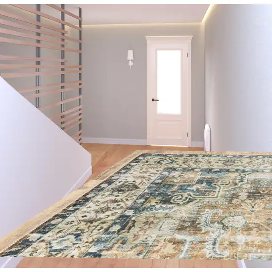 Blue Gold Brown Green And Salmon Oriental Printed Stain Resistant Non Skid Runner Rug Photo 3