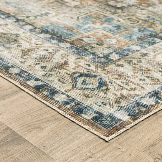 Blue Gold Brown Green And Salmon Oriental Printed Stain Resistant Non Skid Runner Rug Photo 5