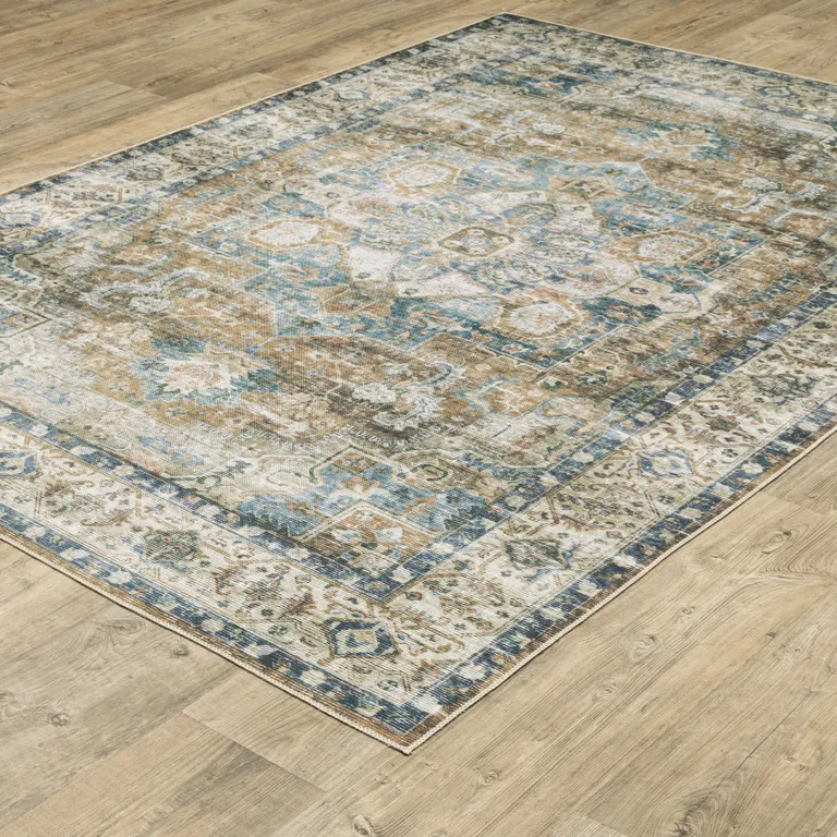 Blue Gold Brown Green And Salmon Oriental Printed Stain Resistant Non Skid Runner Rug Photo 5