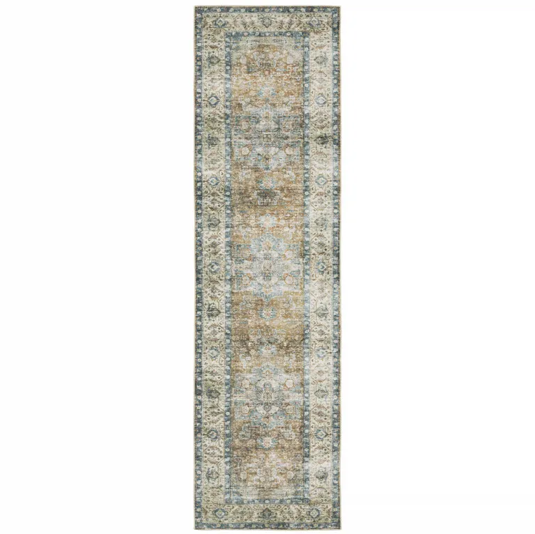 Blue Gold Brown Green And Salmon Oriental Printed Stain Resistant Non Skid Runner Rug Photo 1