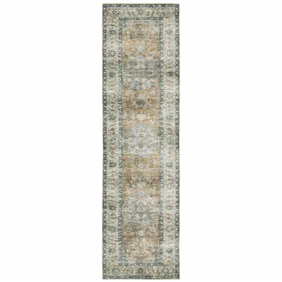 Blue Gold Brown Green And Salmon Oriental Printed Stain Resistant Non Skid Runner Rug Photo 2