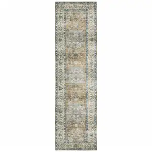 Photo of Blue Gold Brown Green And Salmon Oriental Printed Stain Resistant Non Skid Runner Rug