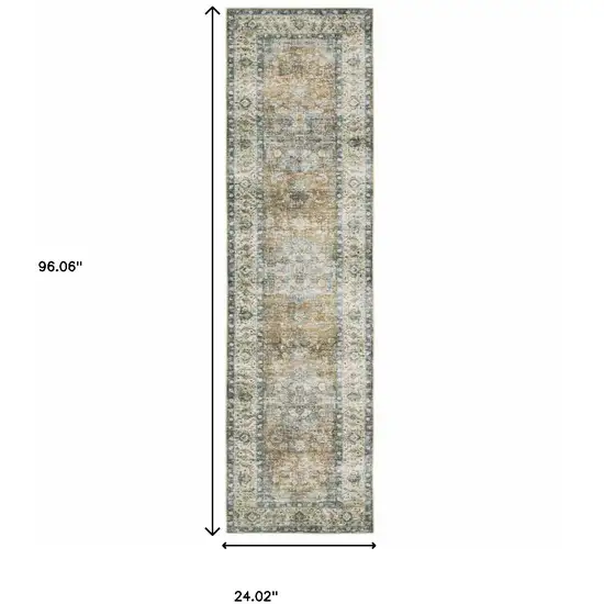 Blue Gold Brown Green And Salmon Oriental Printed Stain Resistant Non Skid Runner Rug Photo 9