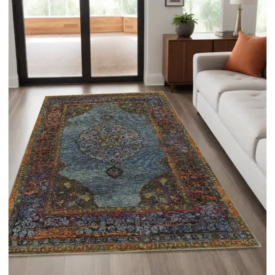 Blue and Beige Oriental Power Loom Area Rug Photo 1