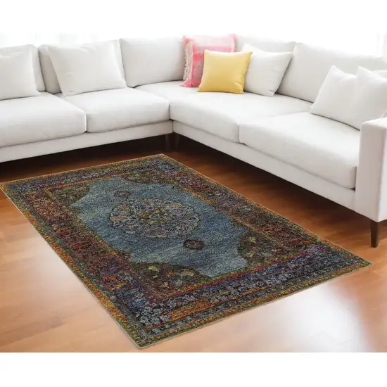 Blue and Beige Oriental Power Loom Area Rug Photo 1