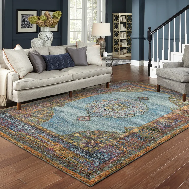 Blue Gold Green Red Orange And Purple Oriental Power Loom Stain Resistant Area Rug Photo 5