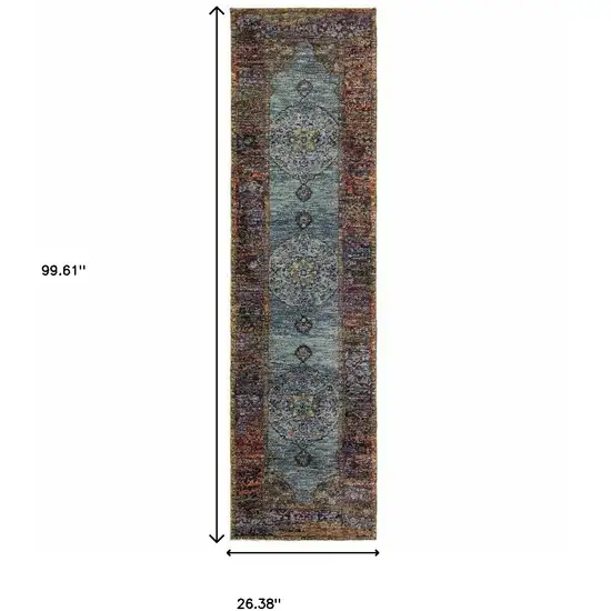 Blue Gold Green Red Orange And Purple Oriental Power Loom Stain Resistant Runner Rug Photo 5