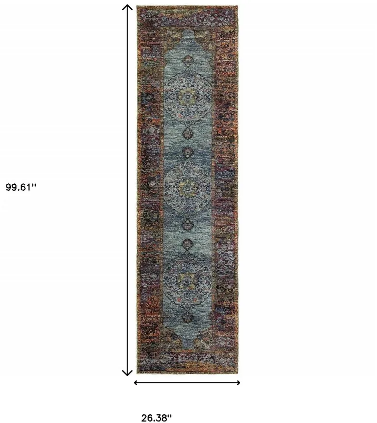 Blue Gold Green Red Orange And Purple Oriental Power Loom Stain Resistant Runner Rug Photo 5