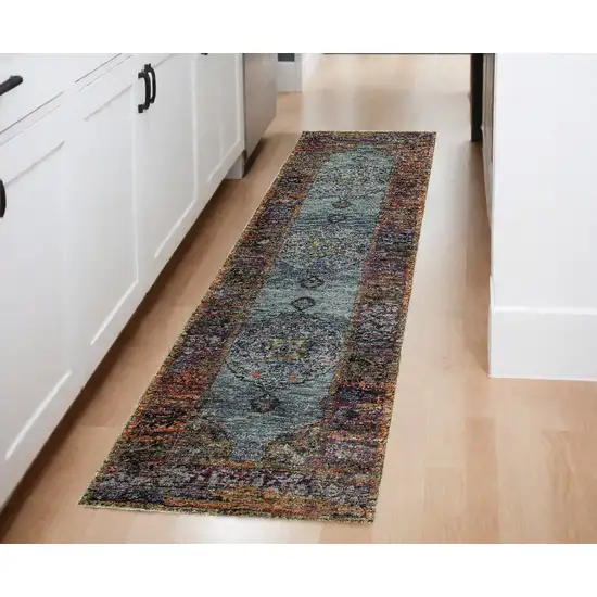 Blue and Beige Oriental Power Loom Runner Rug Photo 1