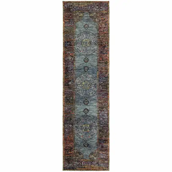 Blue Gold Green Red Orange And Purple Oriental Power Loom Stain Resistant Runner Rug Photo 1