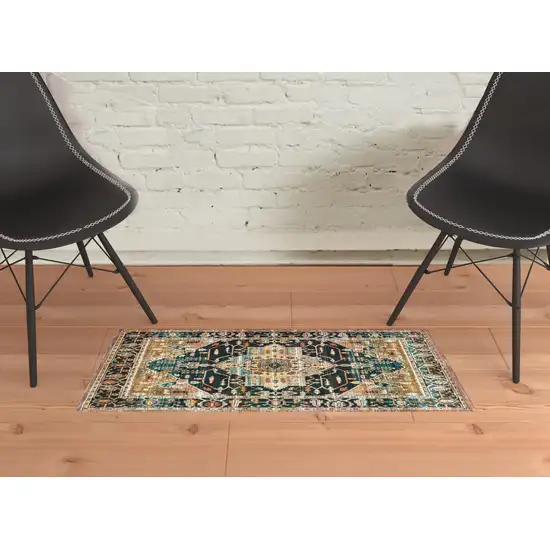 Blue Gold Grey Orange Ivory And Teal Oriental Power Loom Stain Resistant Area Rug Photo 2