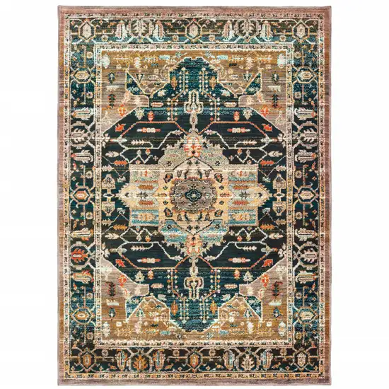 Blue Gold Grey Orange Ivory And Teal Oriental Power Loom Stain Resistant Area Rug Photo 1