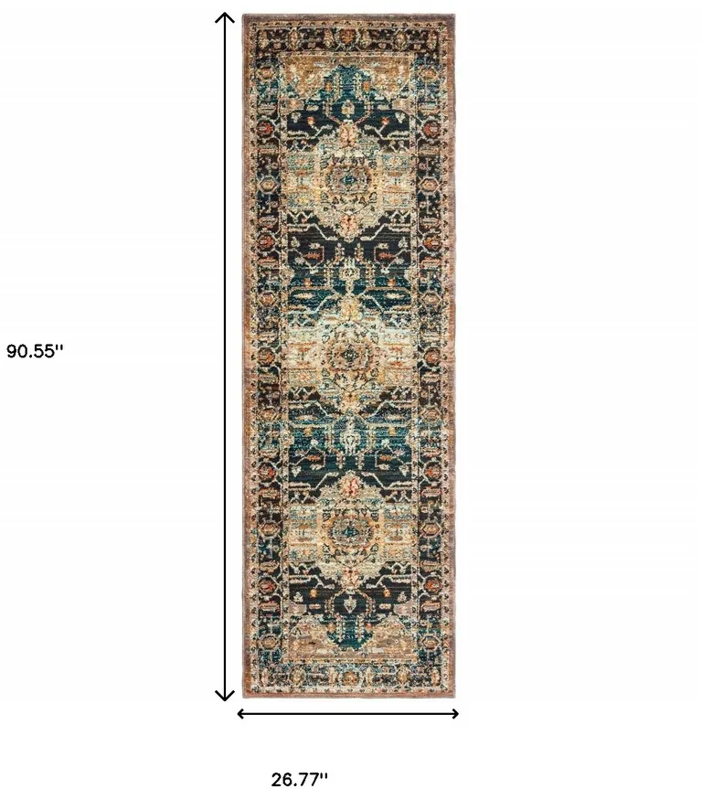 Blue Gold Grey Orange Ivory And Teal Oriental Power Loom Stain Resistant Runner Rug Photo 5