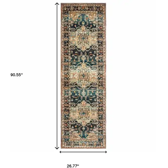 Blue Gold Grey Orange Ivory And Teal Oriental Power Loom Stain Resistant Runner Rug Photo 5