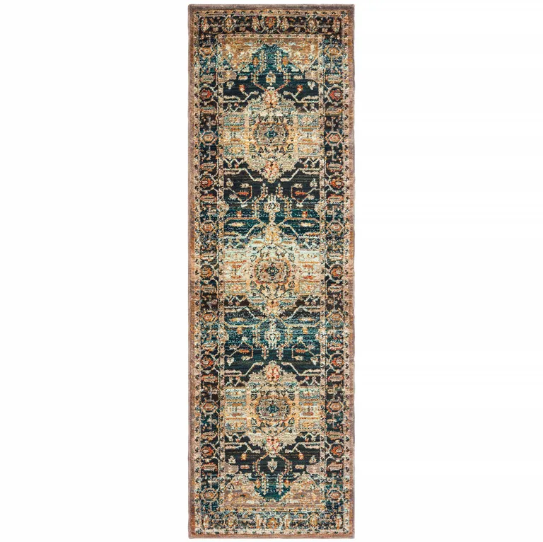 Blue Gold Grey Orange Ivory And Teal Oriental Power Loom Stain Resistant Runner Rug Photo 1