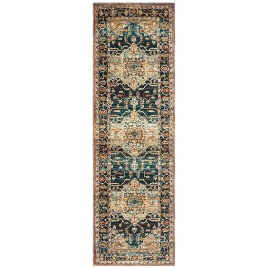 Blue Gold Grey Orange Ivory And Teal Oriental Power Loom Stain Resistant Runner Rug Photo 1