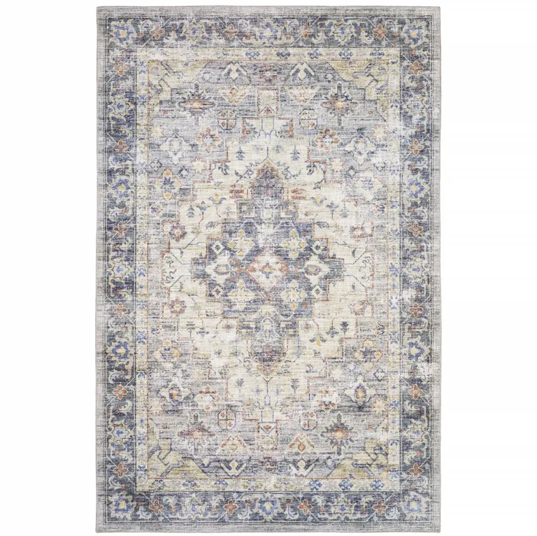 Blue Gold Grey Orange Yellow And Purple Oriental Power Loom Stain Resistant Area Rug Photo 2