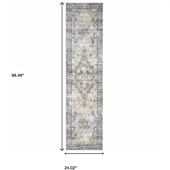 8' Blue and Ivory Oriental Power Loom Runner Rug Photo 3