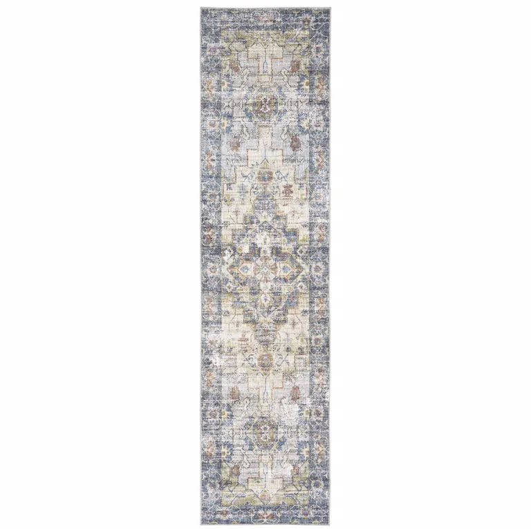 Blue Gold Grey Orange Yellow And Purple Oriental Power Loom Stain Resistant Runner Rug Photo 1