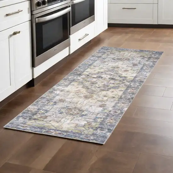 8' Blue and Ivory Oriental Power Loom Runner Rug Photo 1