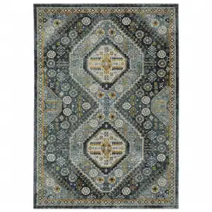 Photo of Blue Gold Ivory And Navy Oriental Power Loom Stain Resistant Area Rug With Fringe