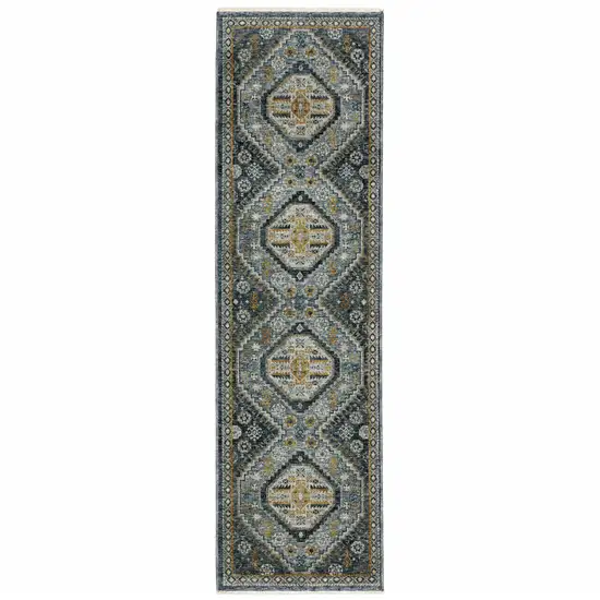 Blue Gold Ivory And Navy Oriental Power Loom Stain Resistant Runner Rug With Fringe Photo 1