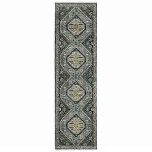 Photo of Blue Gold Ivory And Navy Oriental Power Loom Stain Resistant Runner Rug With Fringe