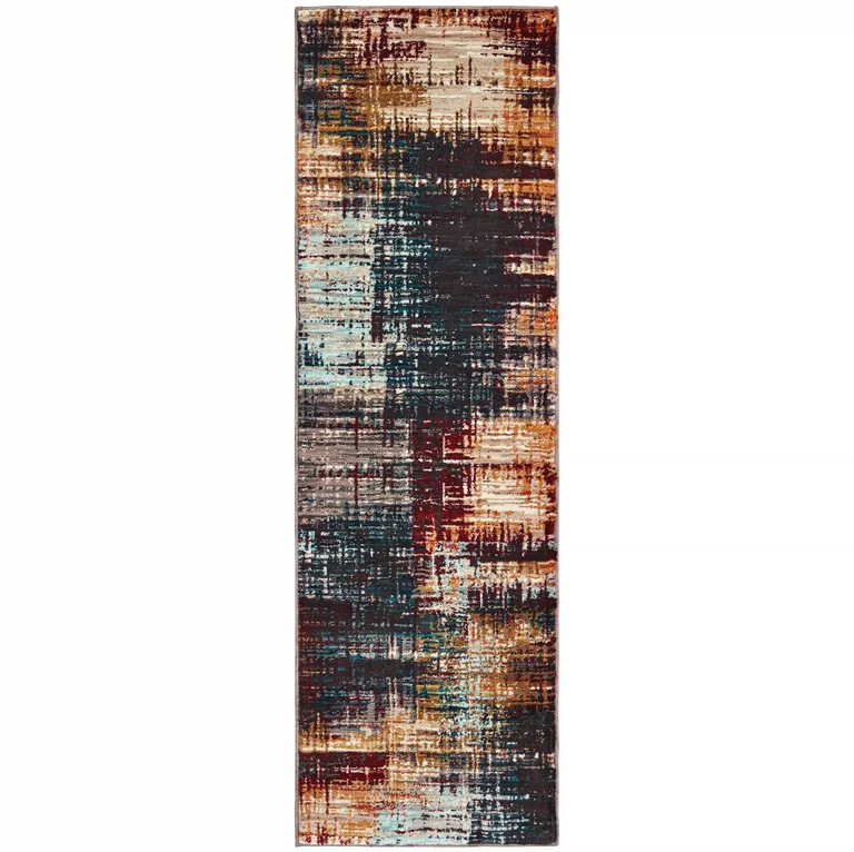 Blue Gold Red And Grey Abstract Power Loom Stain Resistant Runner Rug Photo 1