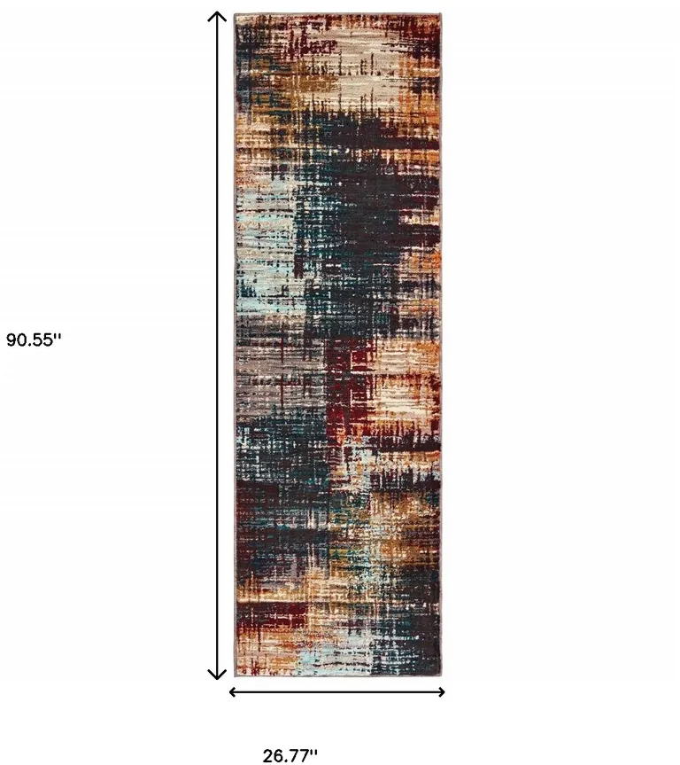 Blue Gold Red And Grey Abstract Power Loom Stain Resistant Runner Rug Photo 5