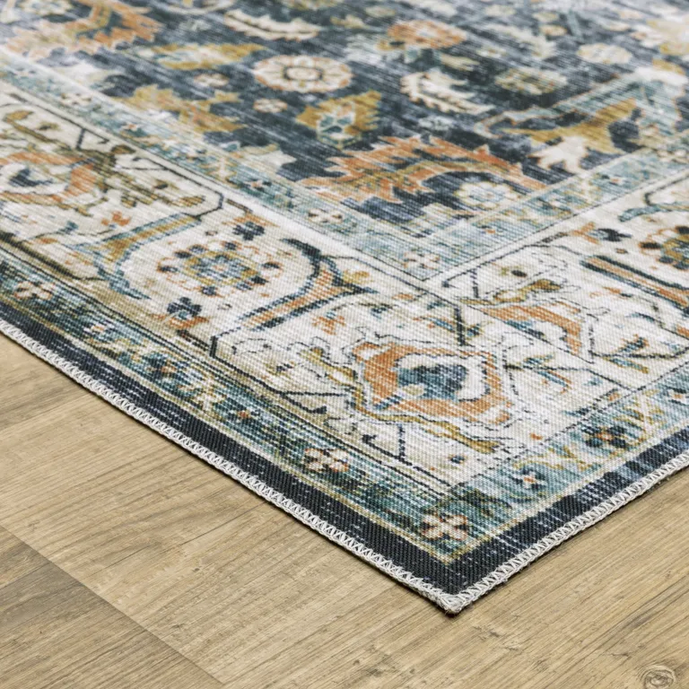 Blue Gold Rust Ivory And Olive Oriental Printed Stain Resistant Non Skid Runner Rug Photo 4