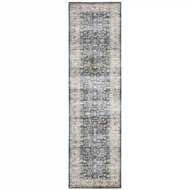 Blue Gold Rust Ivory And Olive Oriental Printed Stain Resistant Non Skid Runner Rug Photo 1