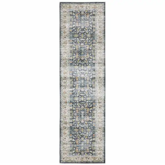 Blue Gold Rust Ivory And Olive Oriental Printed Stain Resistant Non Skid Runner Rug Photo 2