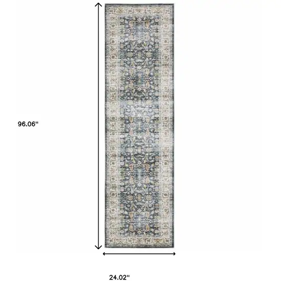 Blue Gold Rust Ivory And Olive Oriental Printed Stain Resistant Non Skid Runner Rug Photo 9