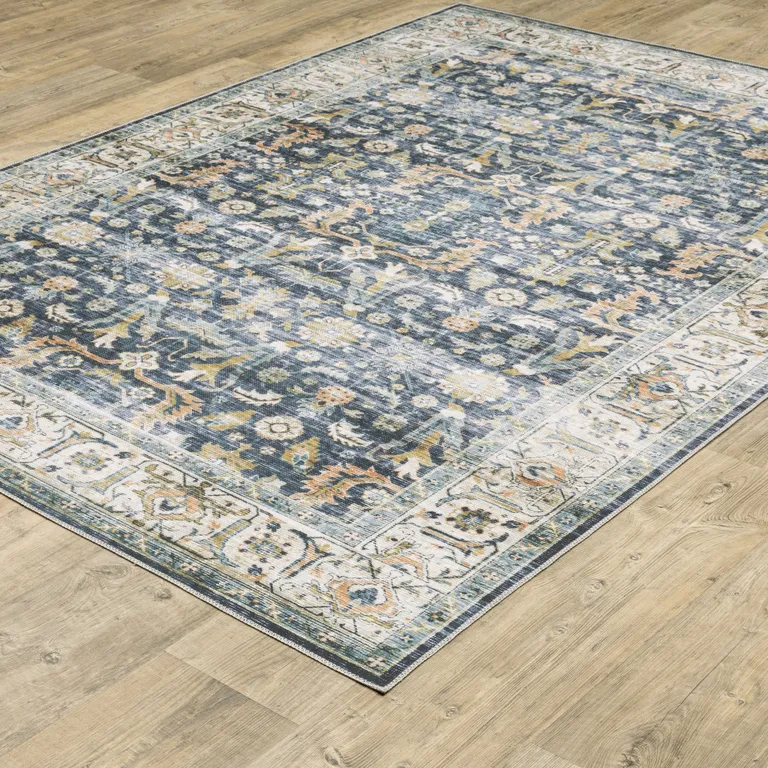 Blue Gold Rust Ivory And Olive Oriental Printed Stain Resistant Non Skid Runner Rug Photo 5