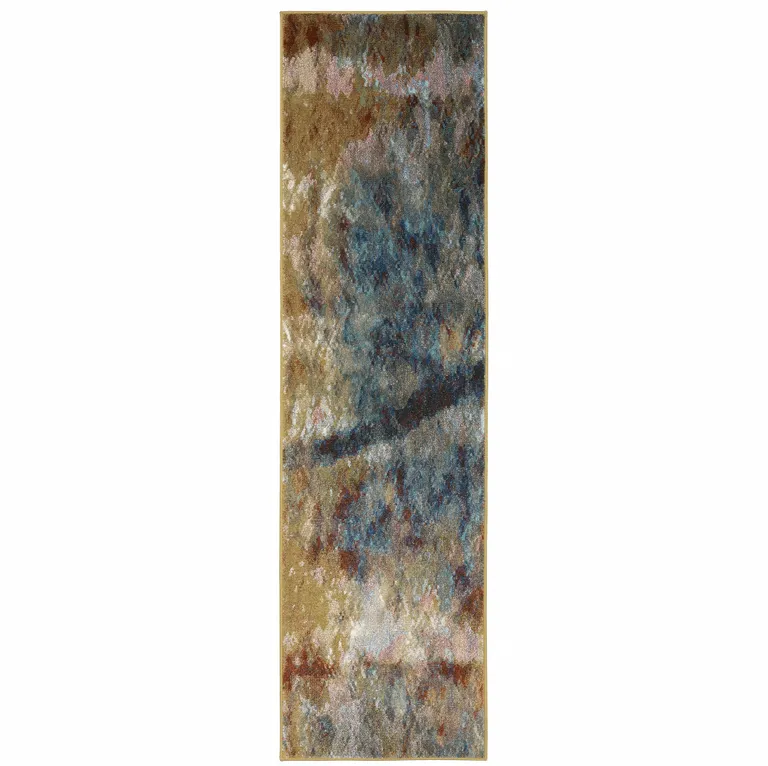 Blue Gold Teal Rust Grey And Beige Abstract Power Loom Stain Resistant Runner Rug Photo 1