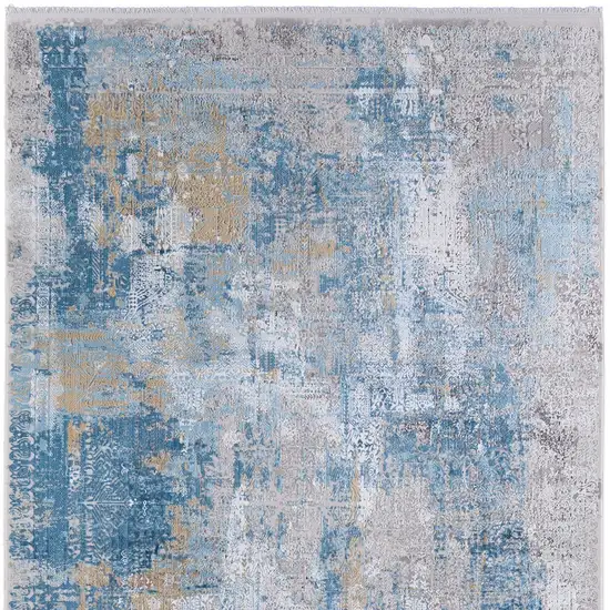 Blue Gold and Gray Abstract Power Loom Area Rug With Fringe Photo 6