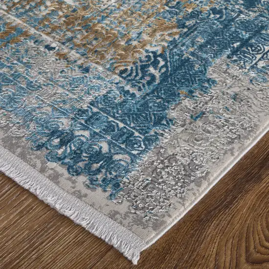 Blue Gold and Gray Abstract Power Loom Area Rug With Fringe Photo 9