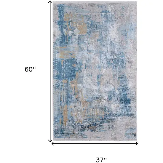 Blue Gold and Gray Abstract Power Loom Area Rug With Fringe Photo 3