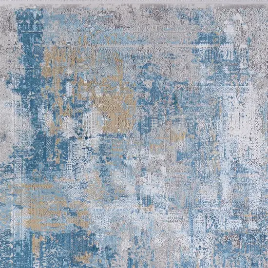 Blue Gold and Gray Abstract Power Loom Area Rug With Fringe Photo 5