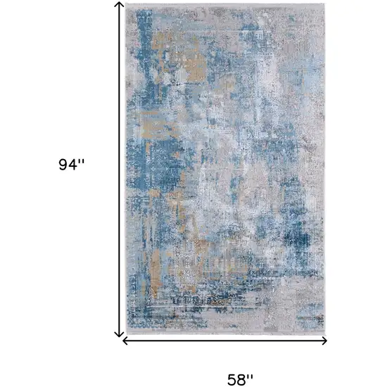 Blue Gold and Gray Abstract Power Loom Area Rug With Fringe Photo 3