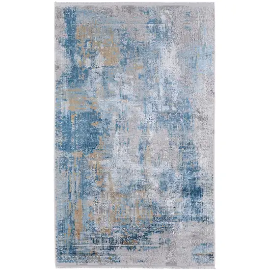 Blue Gold and Gray Abstract Power Loom Area Rug With Fringe Photo 4