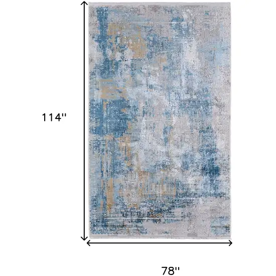 Blue Gold and Gray Abstract Power Loom Area Rug With Fringe Photo 3